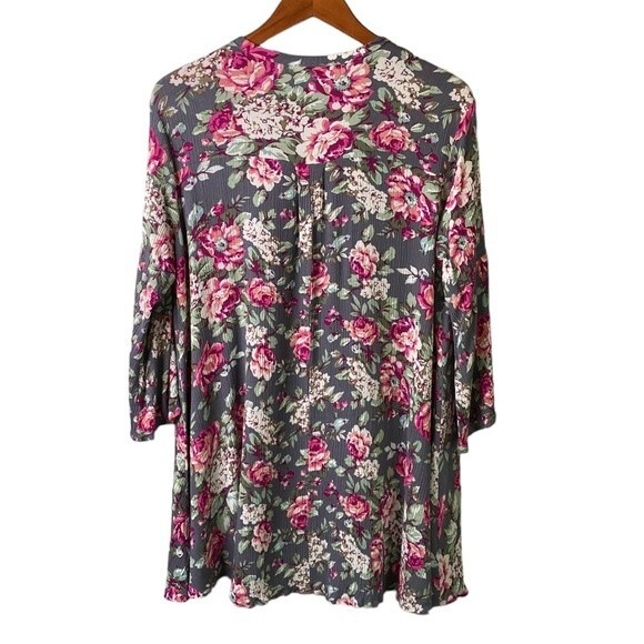 Umgee Floral Key Hole 3/4 Bell Sleeve Flowy Mini Swing Dress Trapeze Cut Guaze - Picture 10 of 16